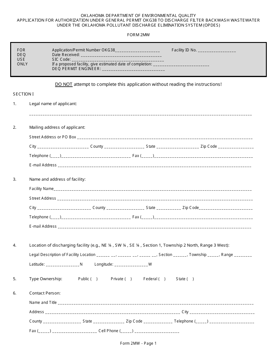 DEQ Form 2MW Application for Authorization Under General Permit Okg38 to Discharge Filter Backwash Wastewater Under the Oklahoma Pollutant Discharge Elimination System (Opdes) - Oklahoma, Page 6