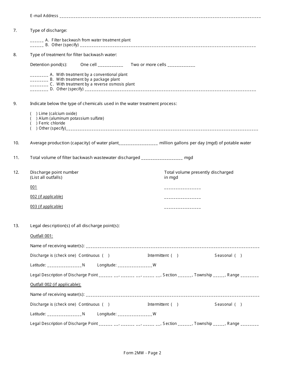 DEQ Form 2MW Application for Authorization Under General Permit Okg38 to Discharge Filter Backwash Wastewater Under the Oklahoma Pollutant Discharge Elimination System (Opdes) - Oklahoma, Page 7