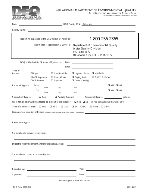 DEQ Form 605-011 Self Reporting Wastewater Bypass Form - Oklahoma