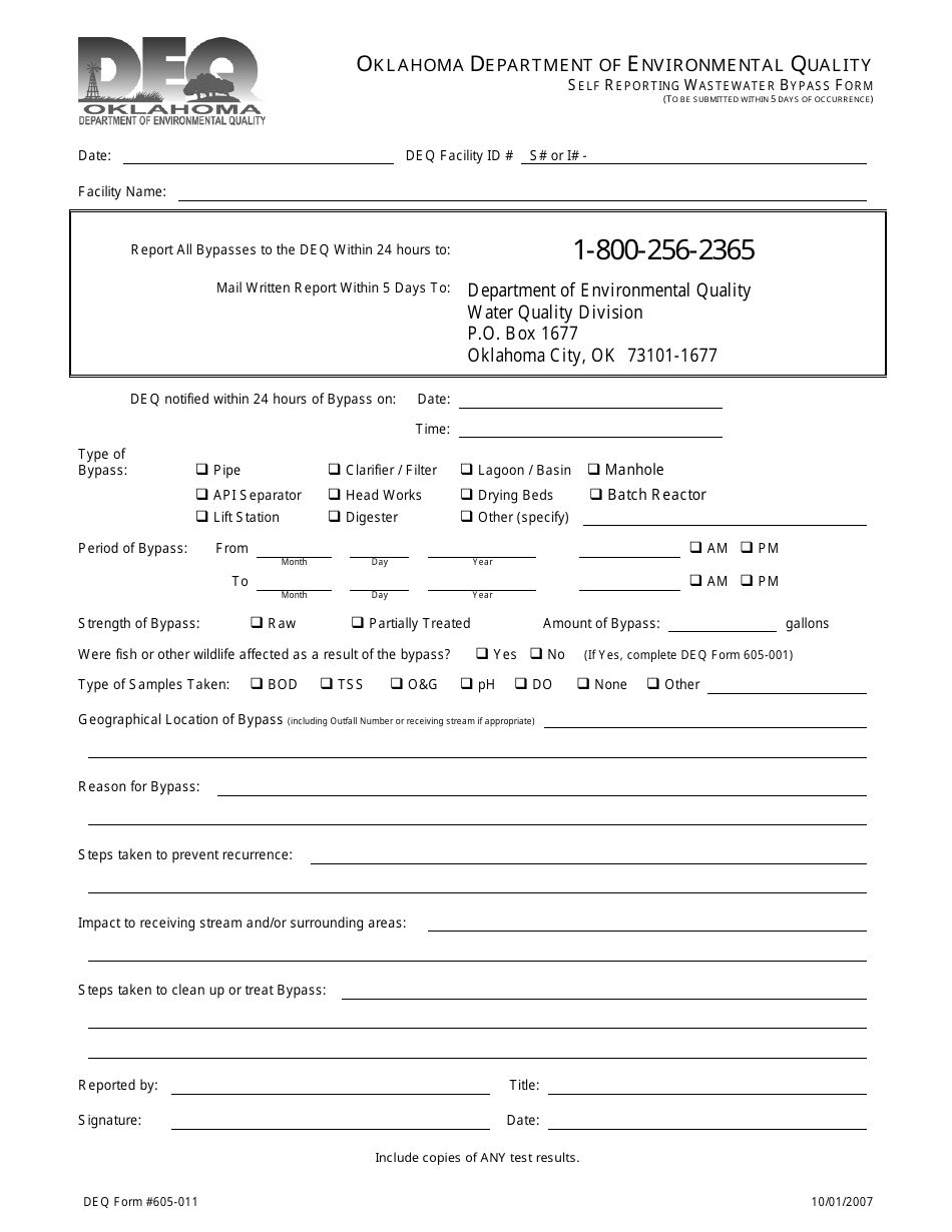 DEQ Form 605-011 Self Reporting Wastewater Bypass Form - Oklahoma, Page 1