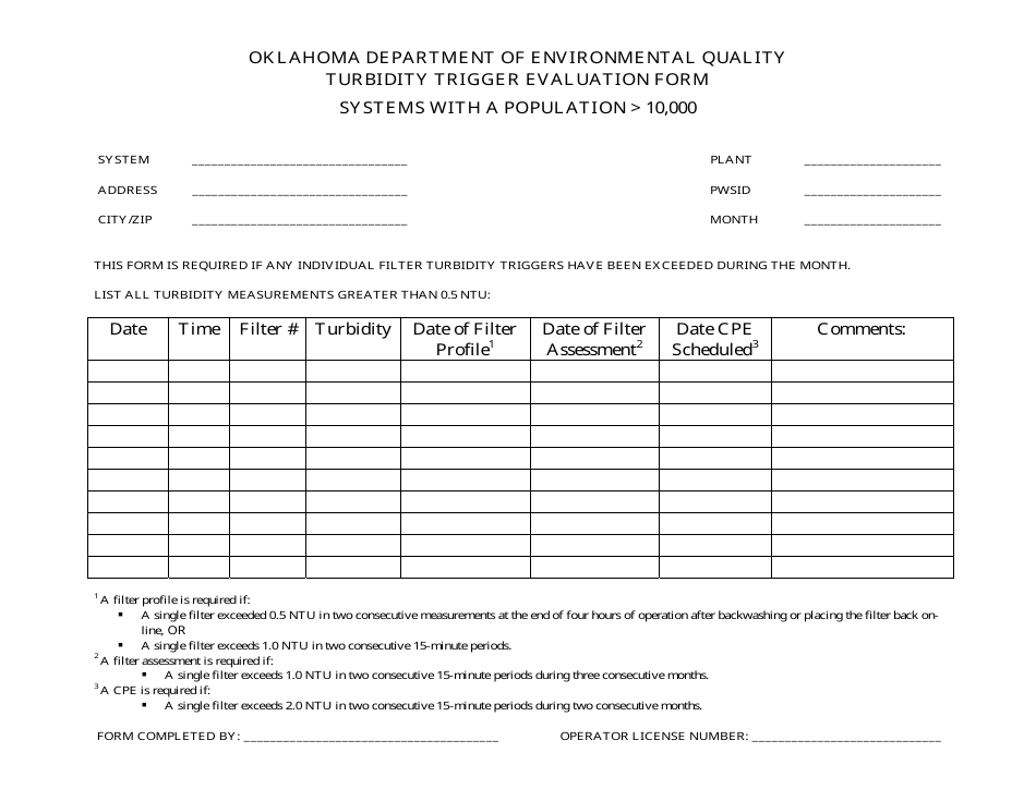 Turbidity Trigger Evaluation Form - Systems With a Population 10,000 - Oklahoma, Page 1