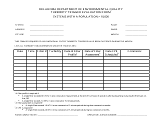 Document preview: Turbidity Trigger Evaluation Form - Systems With a Population 10,000 - Oklahoma