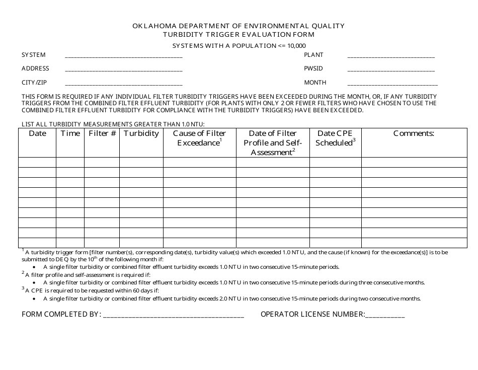 Turbidity Trigger Evaluation Form - Systems With a Population = 10,000 - Oklahoma, Page 1