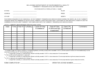 Document preview: Turbidity Trigger Evaluation Form - Systems With a Population = 10,000 - Oklahoma