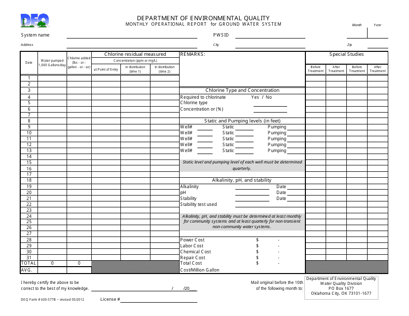 DEQ Form 630-577B Monthly Operational Report for Ground Water System - Oklahoma
