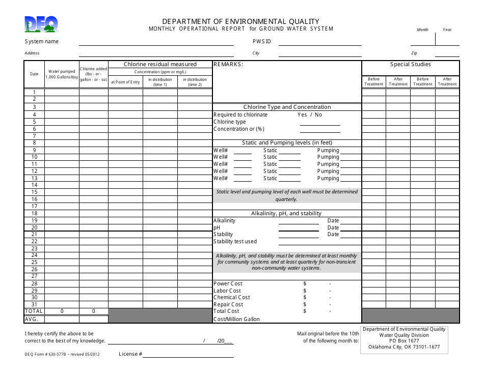 DEQ Form 630-577B Monthly Operational Report for Ground Water System - Oklahoma, Page 1