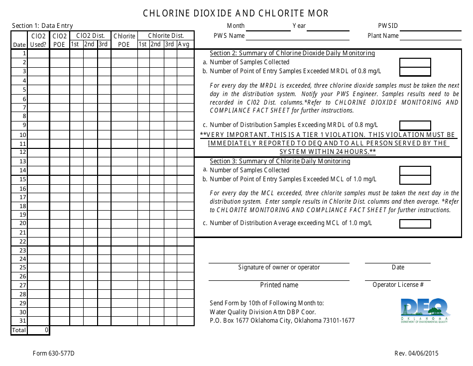 DEQ Form 630-577D Chlorine Dioxide and Chlorite Mor - Oklahoma, Page 1