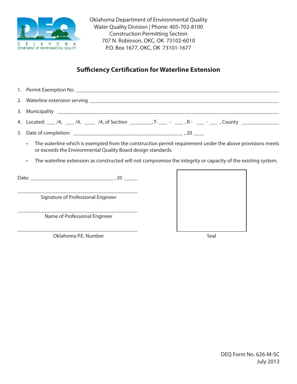 DEQ Form 626-M-SC Sufficiency Certification for Waterline Extension - Oklahoma, Page 1