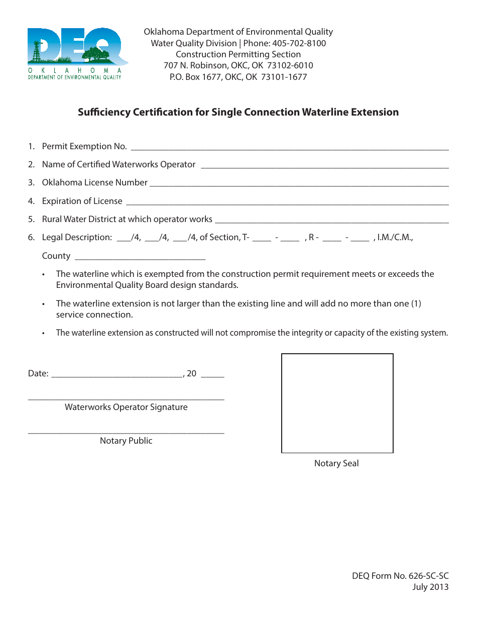 DEQ Form 626-SC-SC Sufficiency Certification for Single Connection Waterline Extension - Oklahoma, Page 1