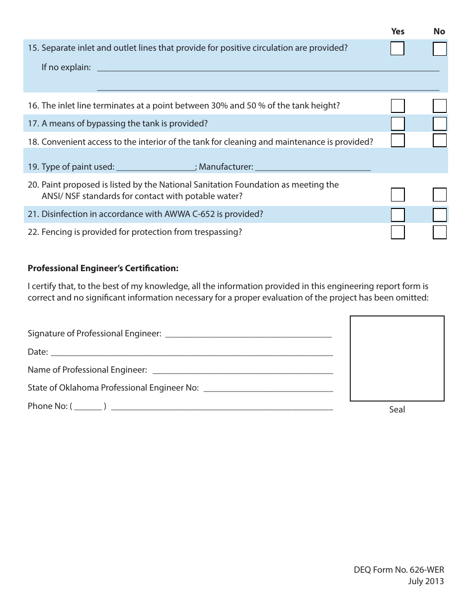 DEQ Form 626-WER Water Distribution Systems and Ground Water Wells Engineering Report Form - Oklahoma, Page 11