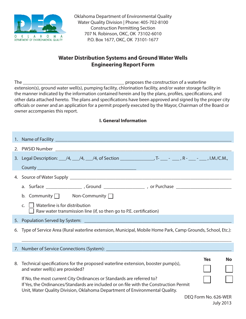 DEQ Form 626-WER Water Distribution Systems and Ground Water Wells Engineering Report Form - Oklahoma, Page 1