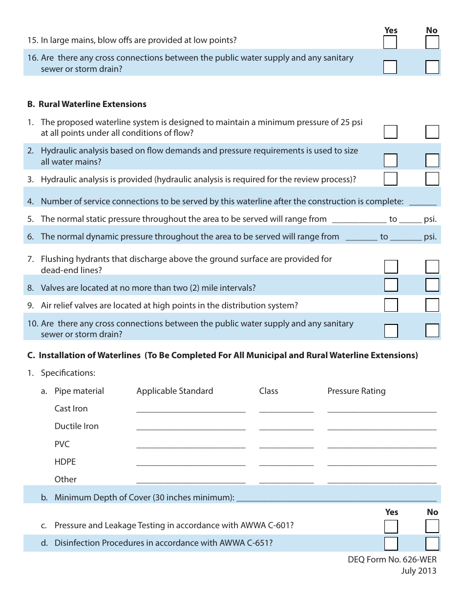 DEQ Form 626-WER Water Distribution Systems and Ground Water Wells Engineering Report Form - Oklahoma, Page 3