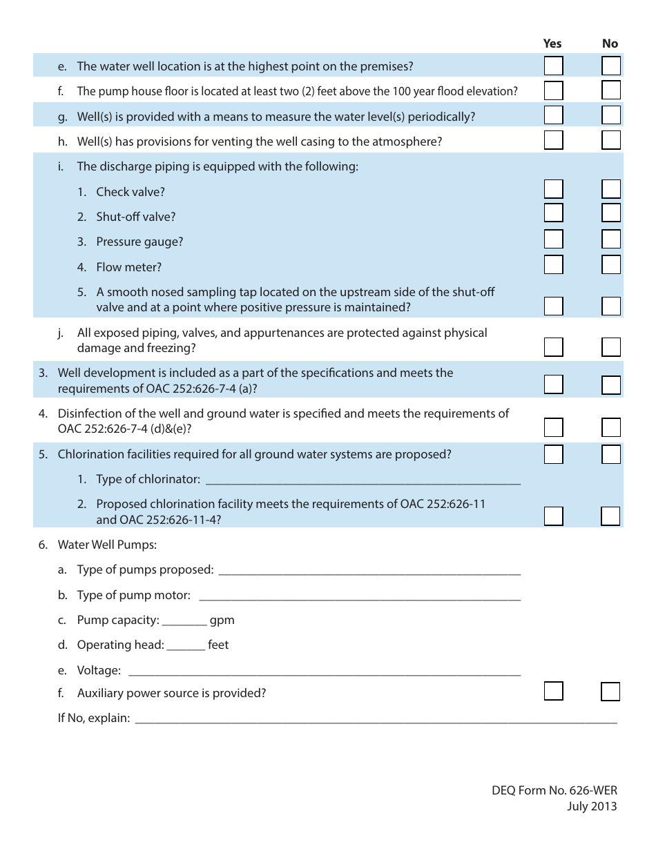 DEQ Form 626-WER Water Distribution Systems and Ground Water Wells Engineering Report Form - Oklahoma, Page 7