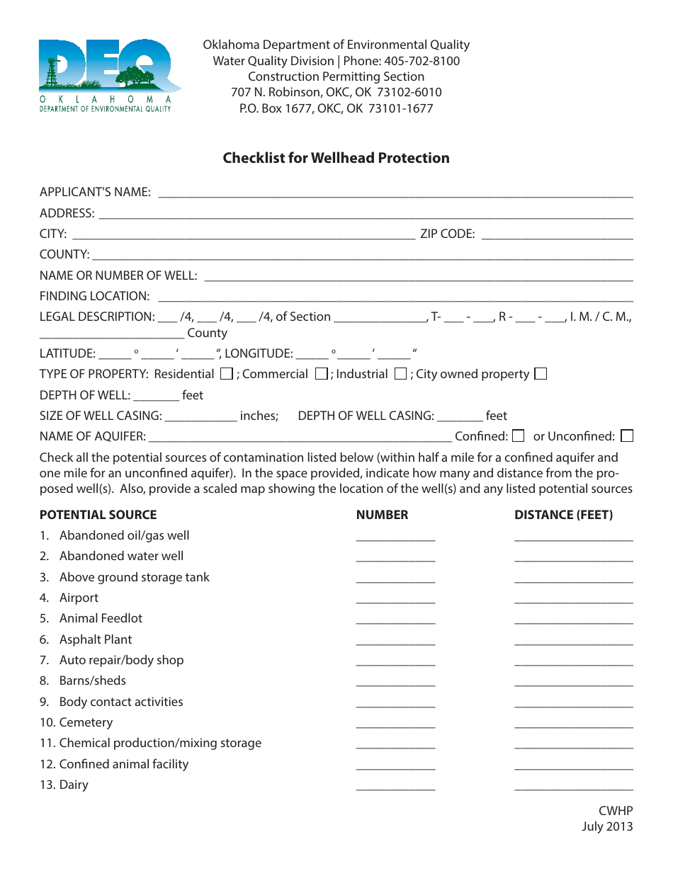DEQ Form CWHP Checklist for Wellhead Protection - Oklahoma, Page 1