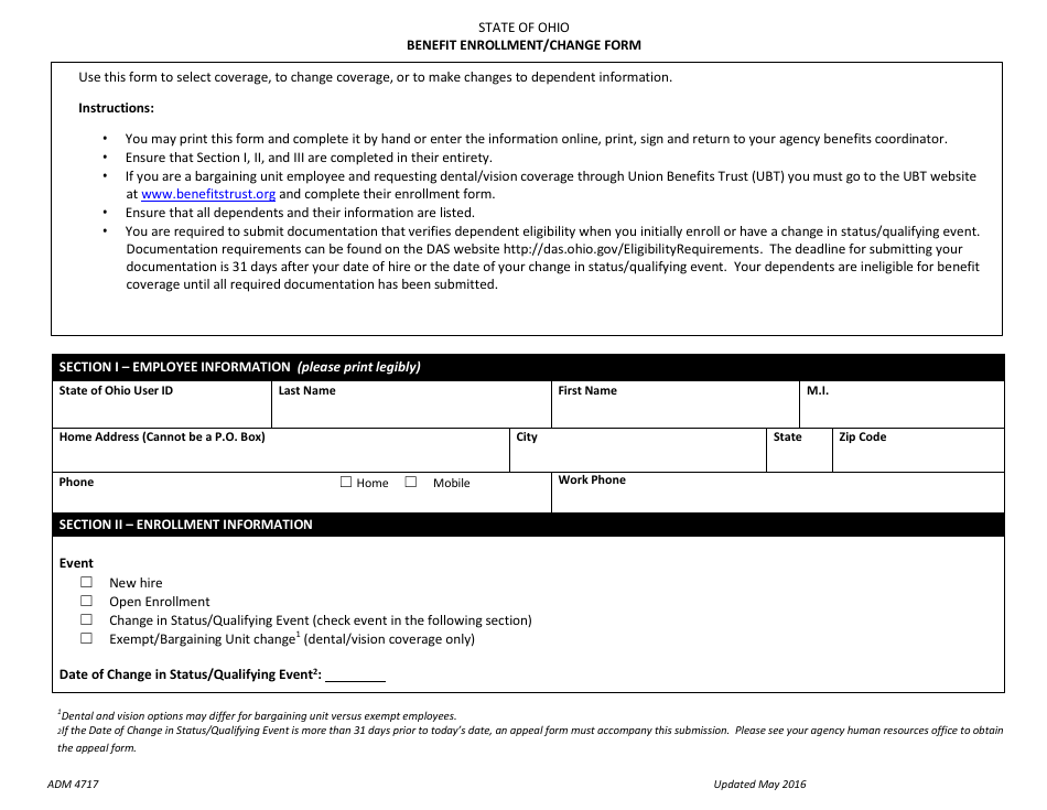 Form ADM4717 Benefit Enrollment / Change Form - Ohio, Page 1