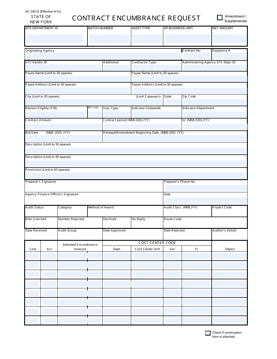Form AC340-S Contract Encumbrance Request - New York, Page 1