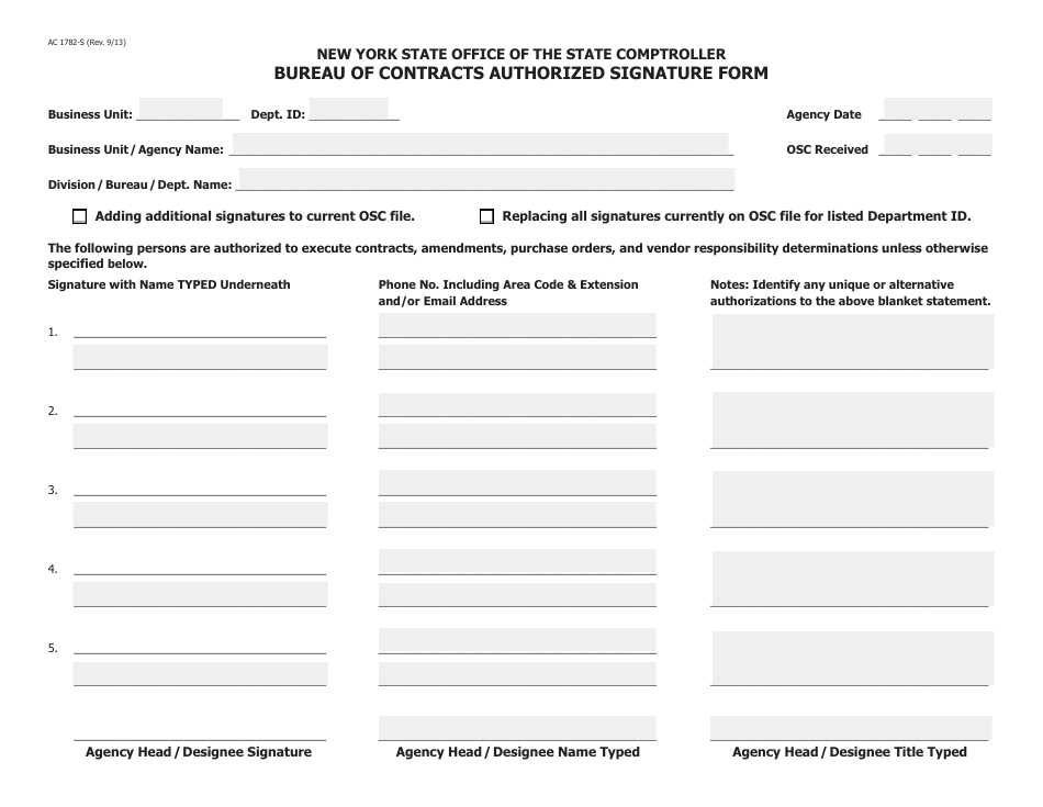 Form AC1782-S Bureau of Contracts Authorized Signature Form - New York, Page 1