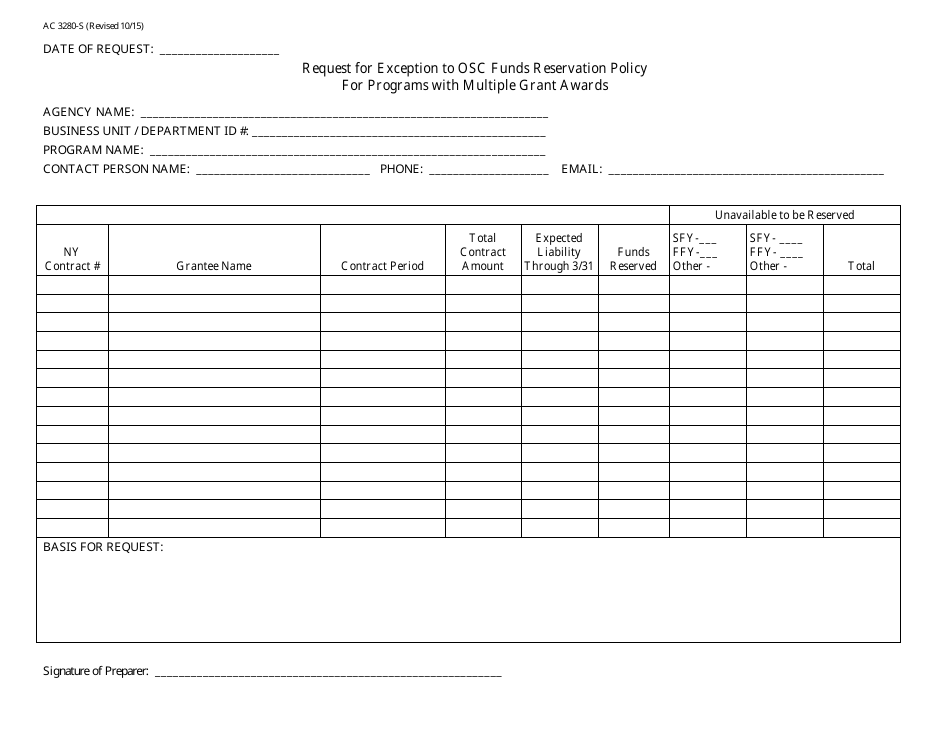Form AC3280-S Request for Exception to Osc Funds Reservation Policy for Programs With Multiple Grant Awards - New York, Page 1