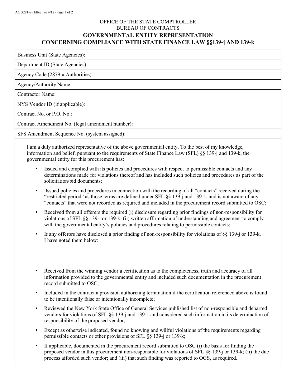 Form AC3281-S Governmental Entity Representation Concerning Compliance With State Finance Law 139-j and 139-k - New York, Page 1