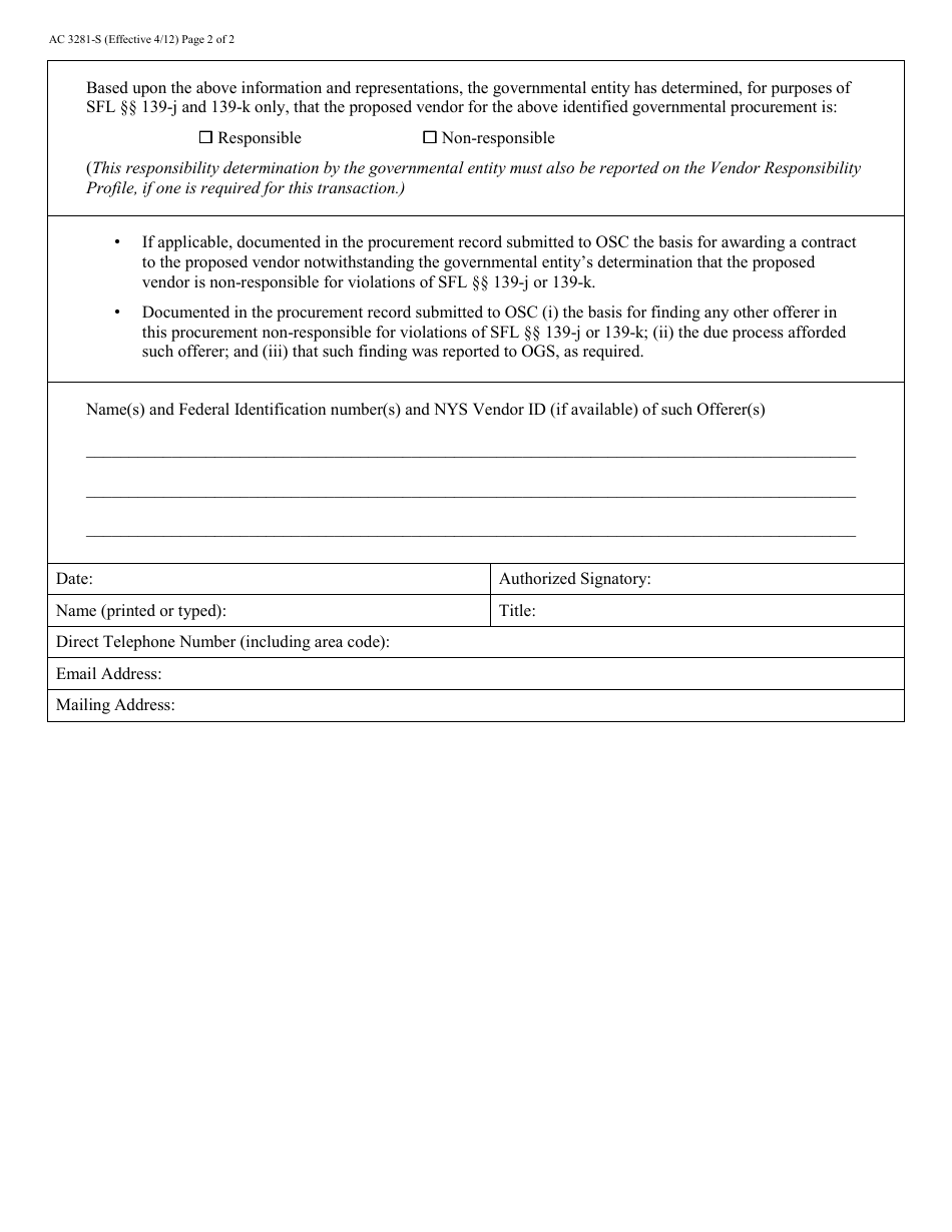 Form AC3281-S Governmental Entity Representation Concerning Compliance With State Finance Law 139-j and 139-k - New York, Page 2
