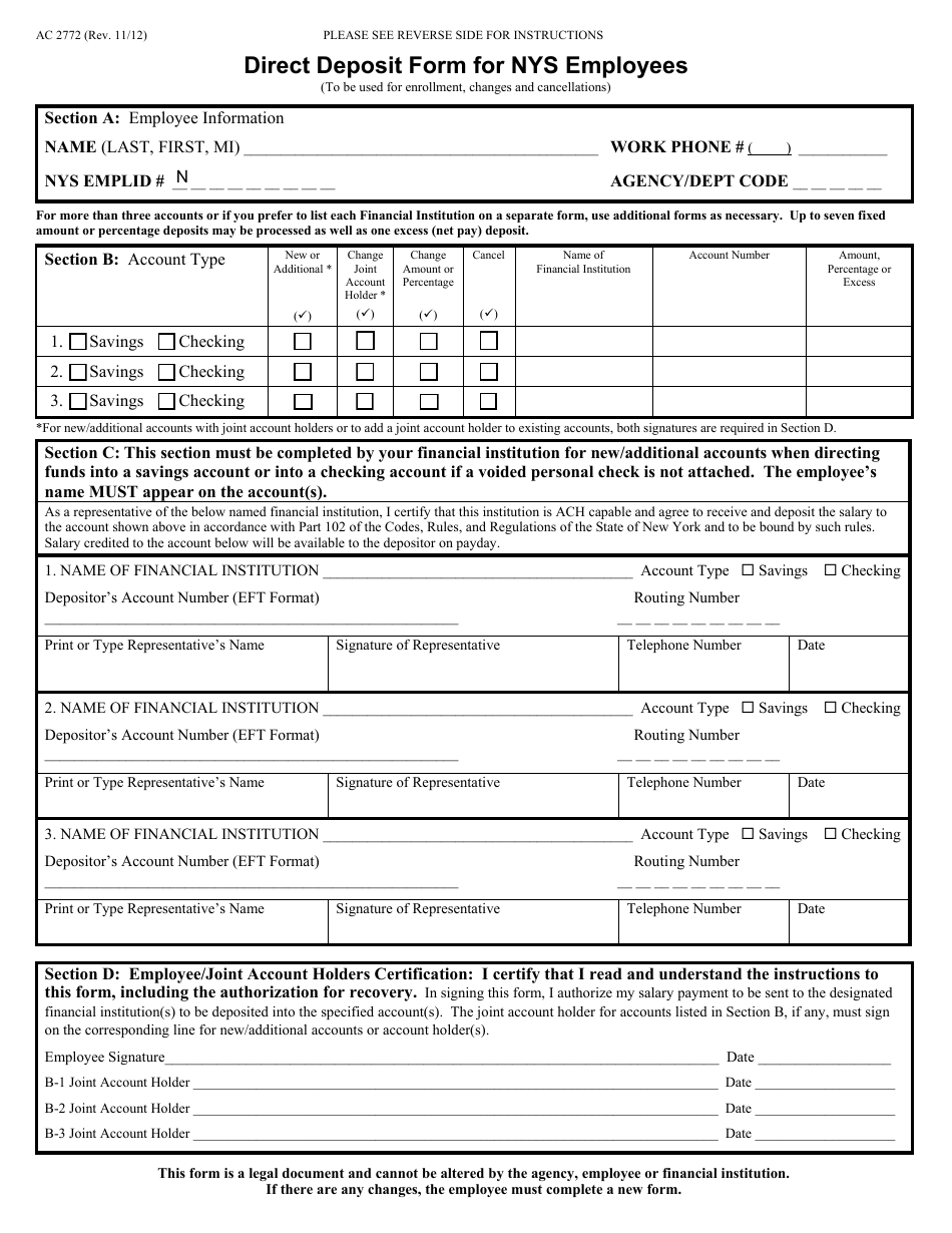Form AC2772 Direct Deposit Form for NYS Employees - New York, Page 1