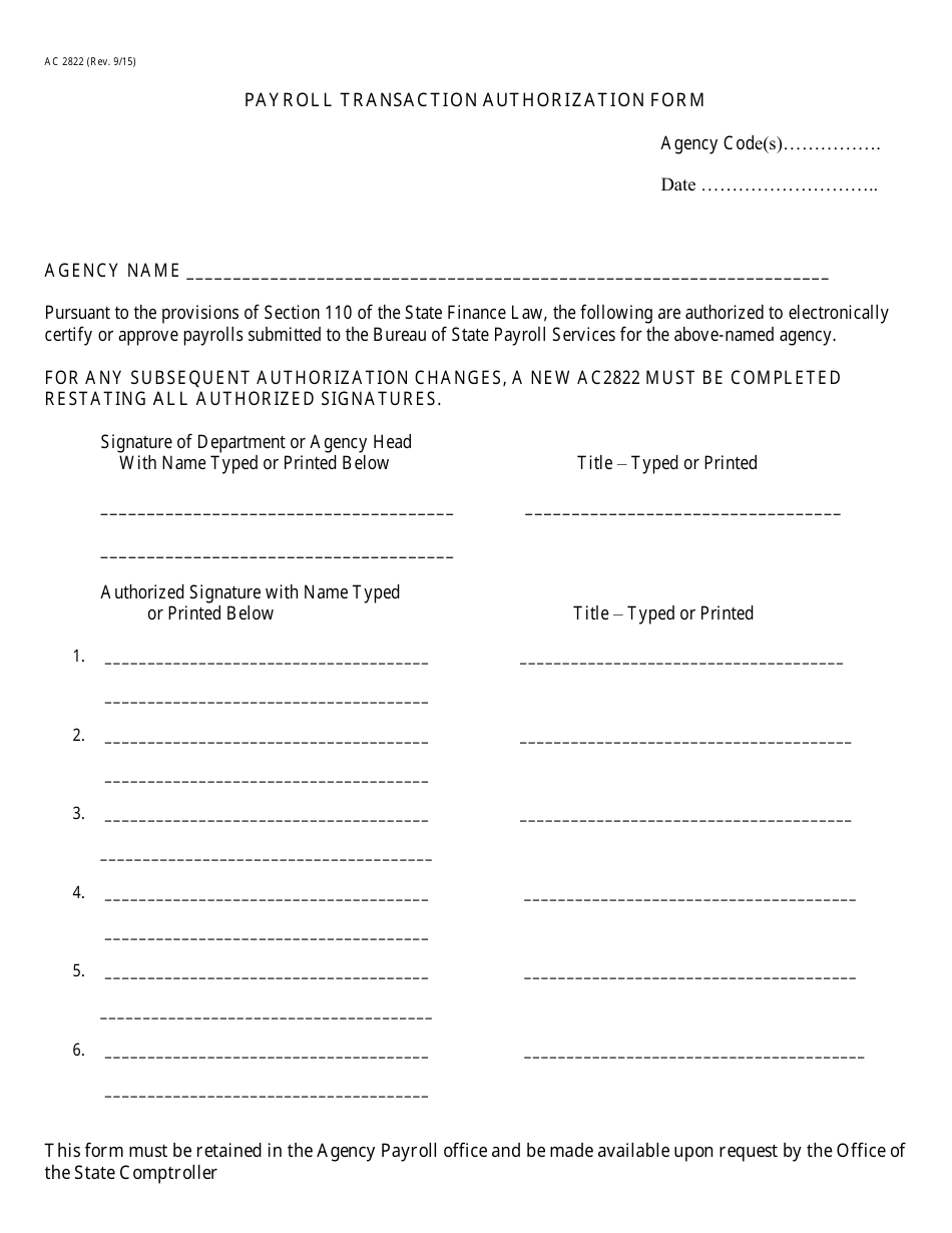Form AC2822 Payroll Transaction Authorization Form - New York, Page 1