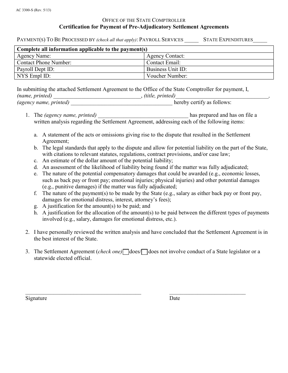 Form AC3300-S Certification for Payment of Pre-adjudicatory Settlement Agreements - New York, Page 1