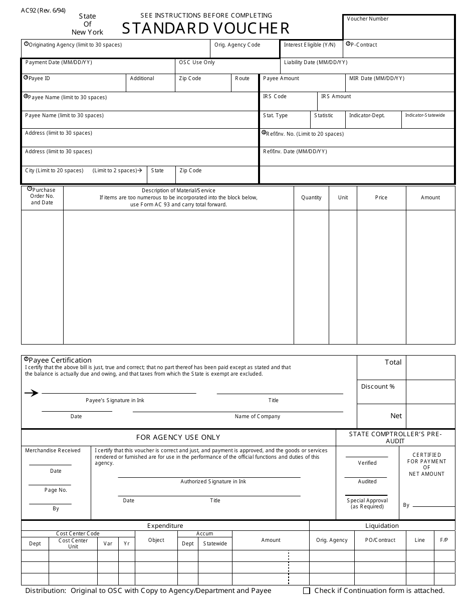 Form AC92 Standard Voucher - New York, Page 1
