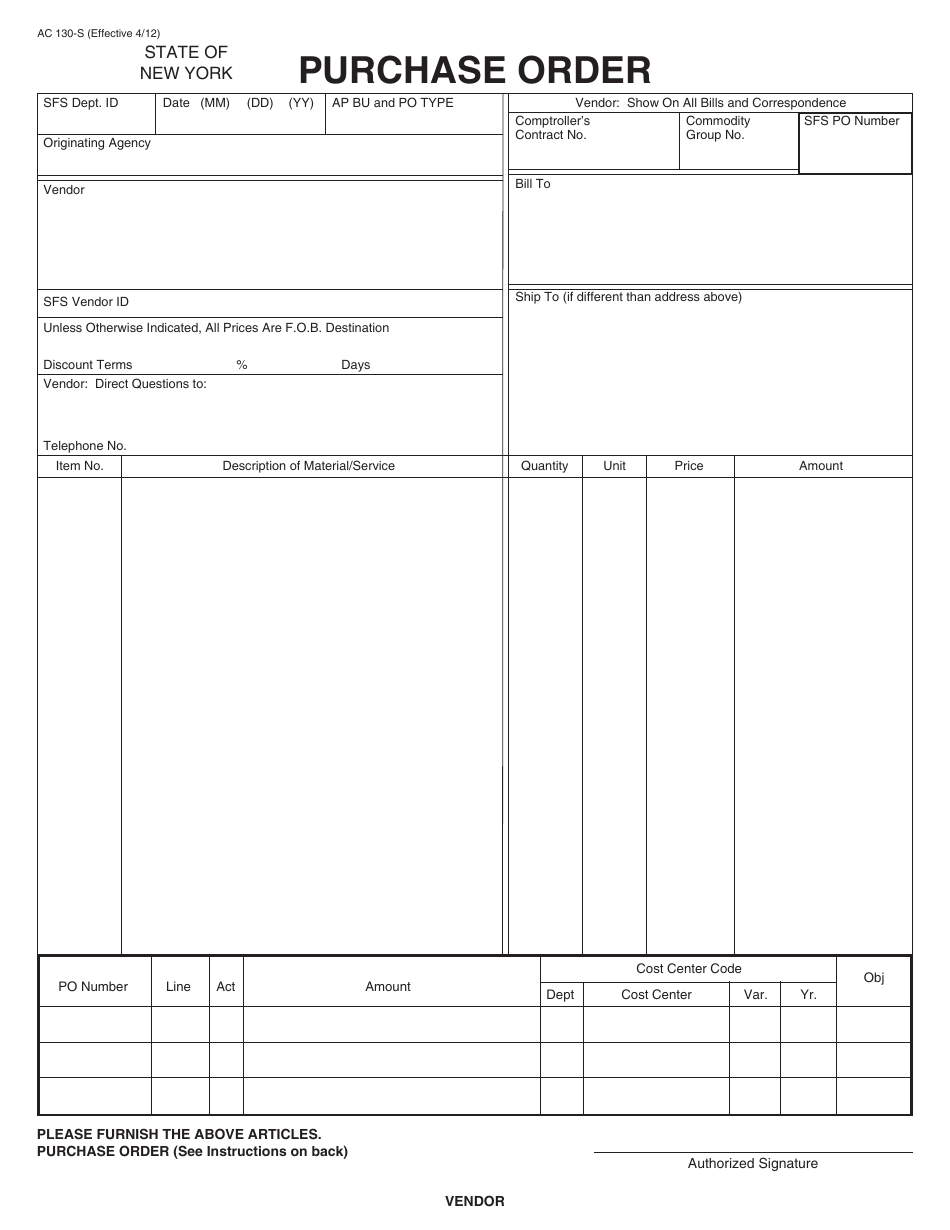 Form AC130-S Purchase Order - New York, Page 1