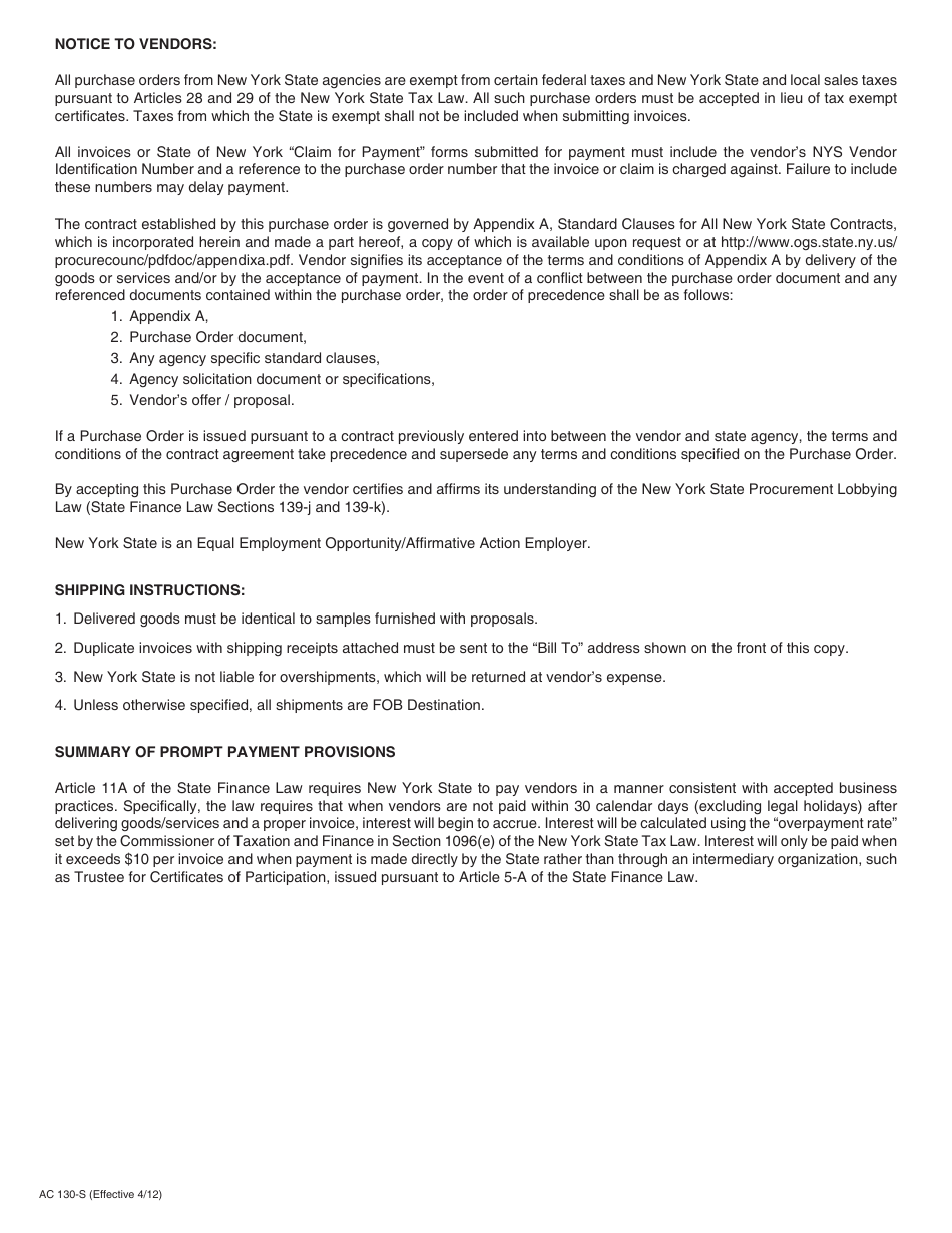 Form AC130-S Purchase Order - New York, Page 2