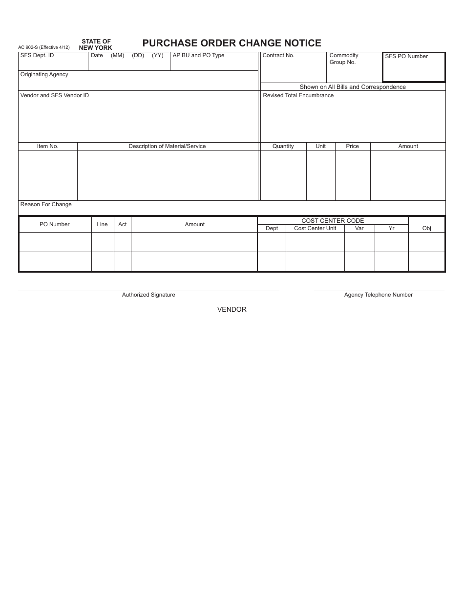 Form AC902-S Purchase Order Change Notice - New York, Page 1