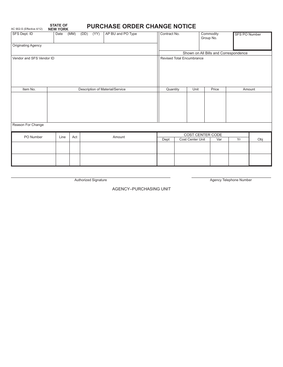 Form AC902-S Purchase Order Change Notice - New York, Page 3