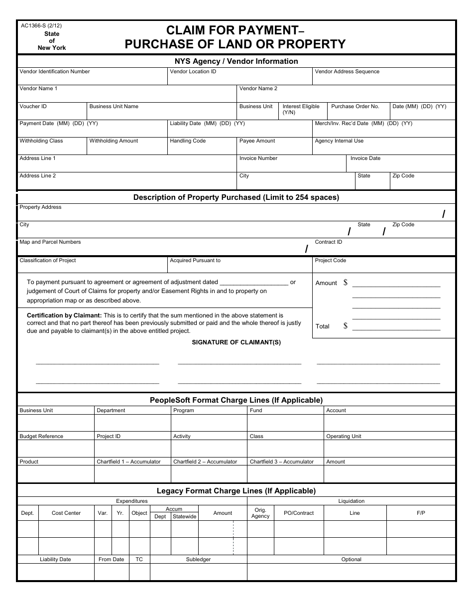 Form AC1366-S Claim for Payment - Purchase of Land or Property - New York, Page 1