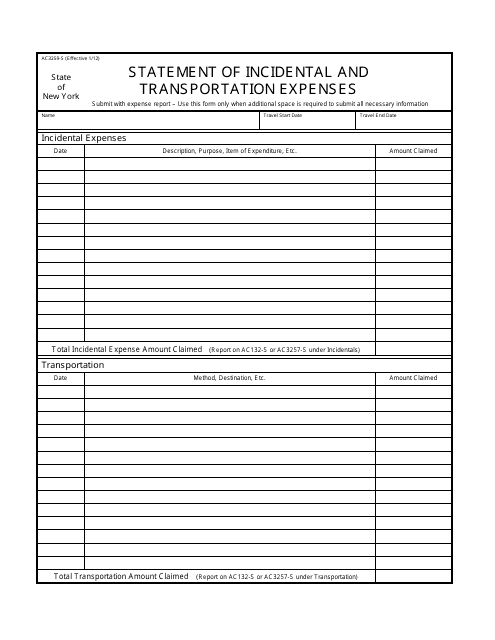 Form AC3259-S Statement of Incidental and Transportation Expenses - New York