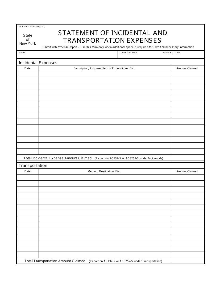 Form AC3259-S Statement of Incidental and Transportation Expenses - New York, Page 1