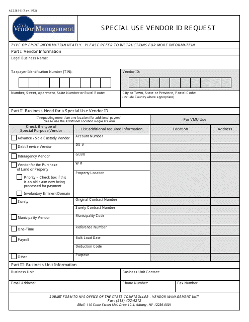 Form AC3261-S Special Use Vendor Id Request - New York