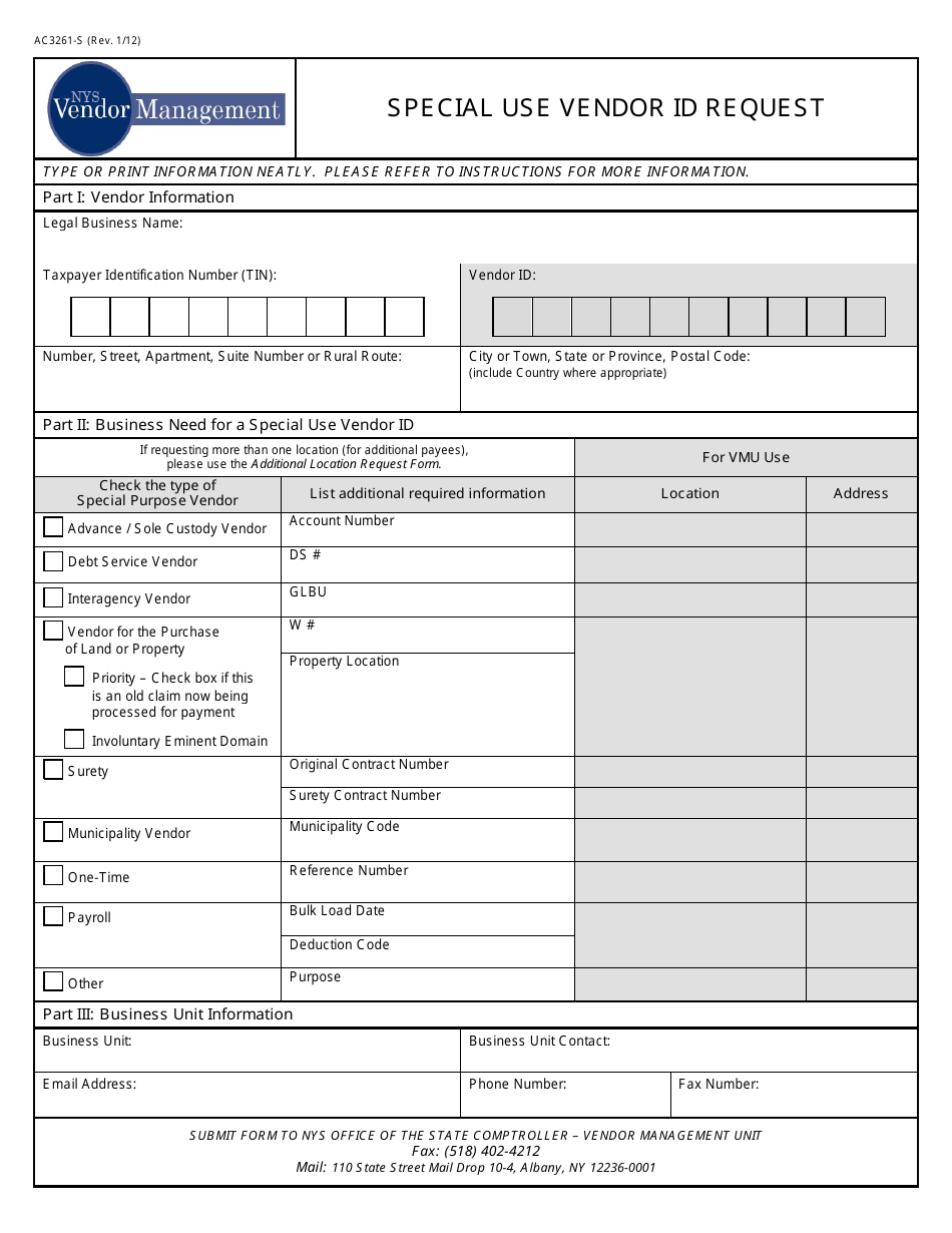 Form AC3261-S Special Use Vendor Id Request - New York, Page 1