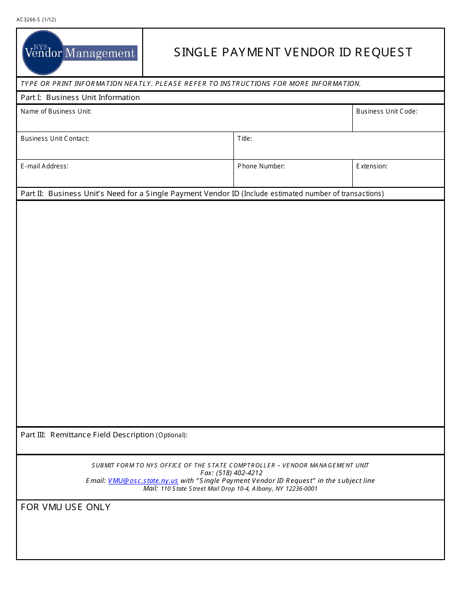 Form AC3266-S Single Payment Vendor Id Request - New York, Page 1