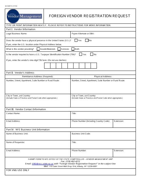 Form Ac3267 S Download Fillable Pdf Or Fill Online Foreign Vendor Registration Request New York Templateroller