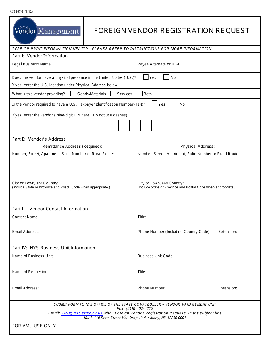 Form AC3267-S Foreign Vendor Registration Request - New York, Page 1