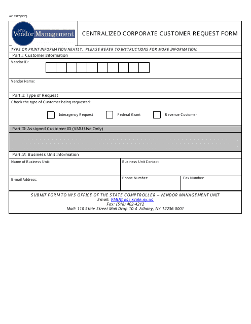 Form AC3317 Centralized Corporate Customer Request Form - New York