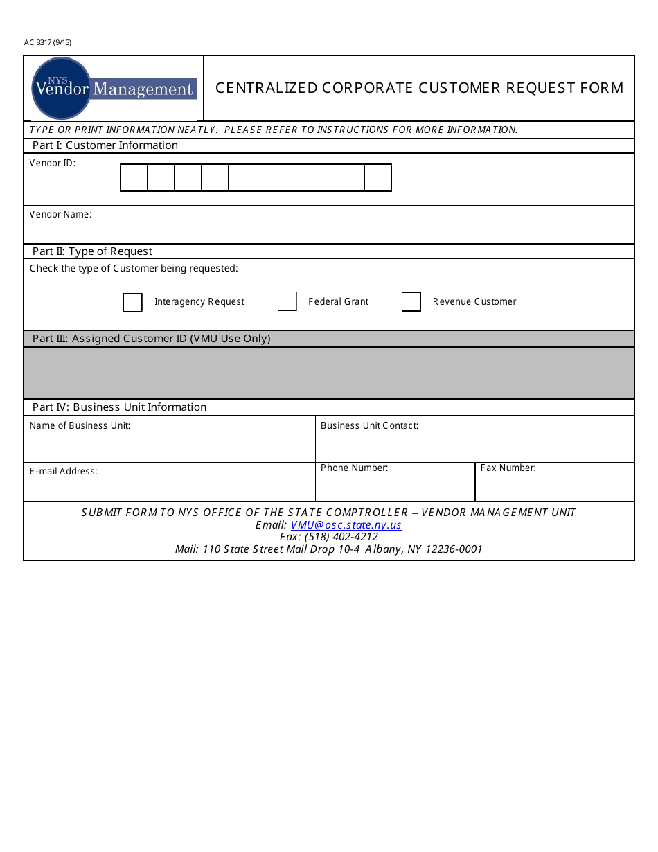Form AC3317 Centralized Corporate Customer Request Form - New York, Page 1