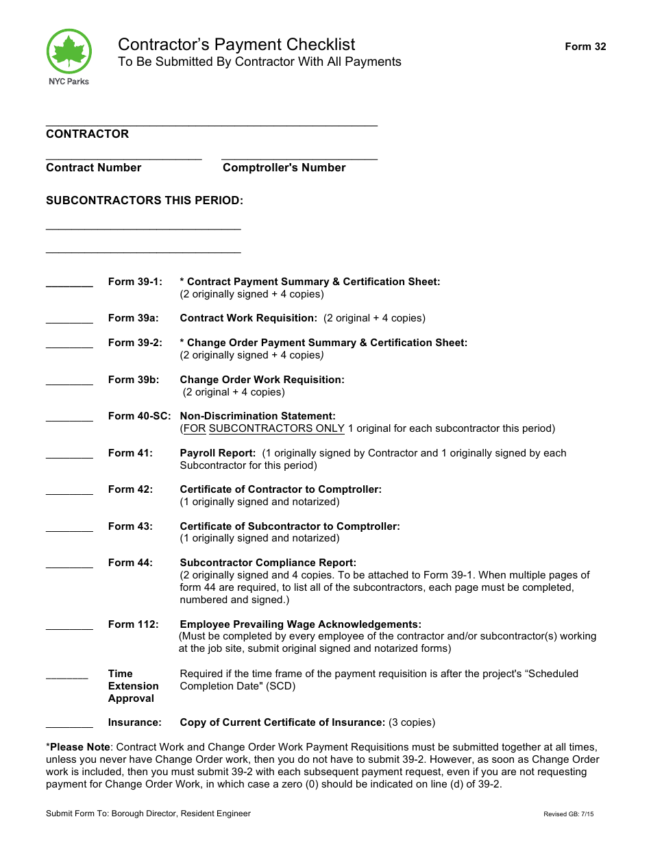 Form 32 Contractors Payment Checklist - New York City, Page 1
