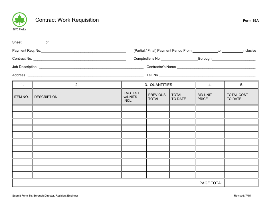 Form 39A Contract Work Requisition - New York City, Page 1