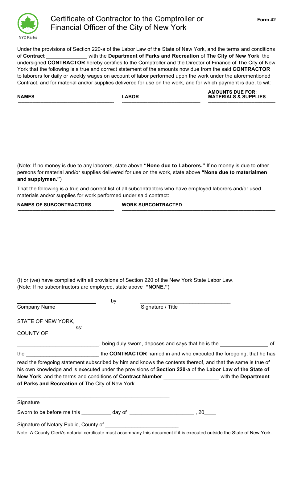 Form 42 Certificate of Contractor to the Comptroller or Financial Officer of the City of New York - New York City, Page 1