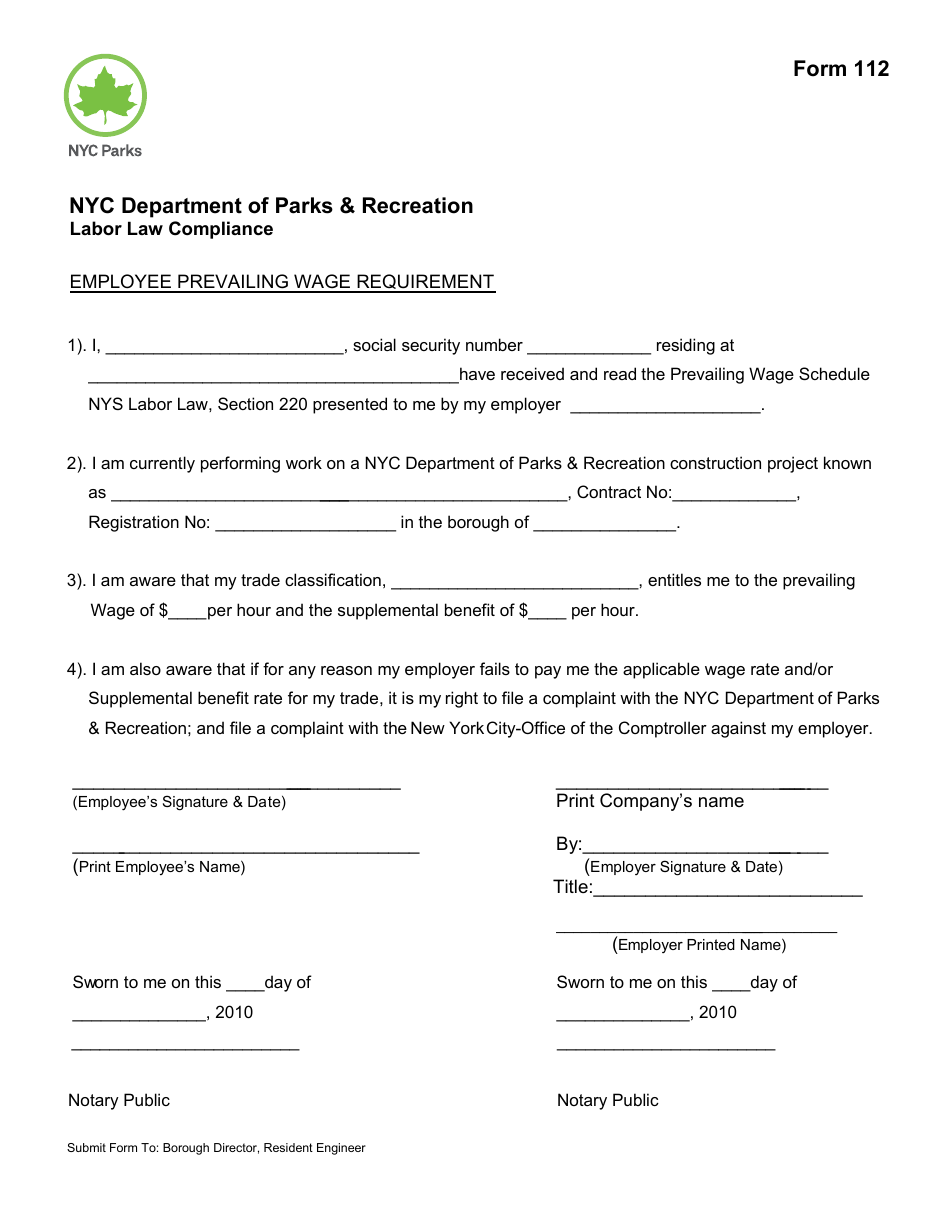 Form 112 Employee Prevailing Wage Requirement - New York City, Page 1