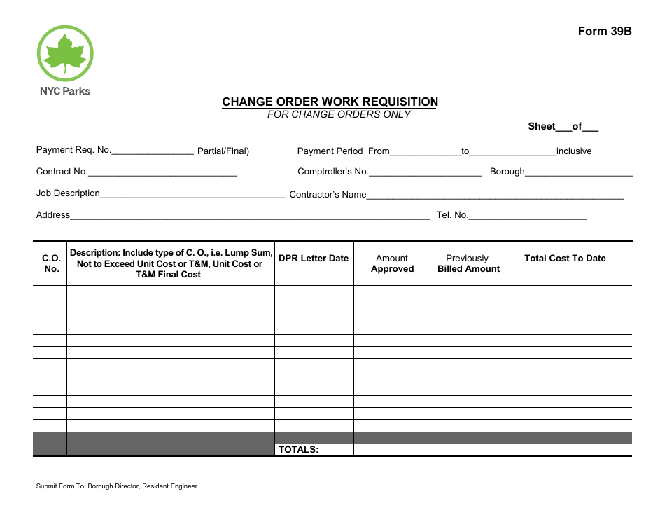 Form 39B Change Order Work Requisition - New York City, Page 1