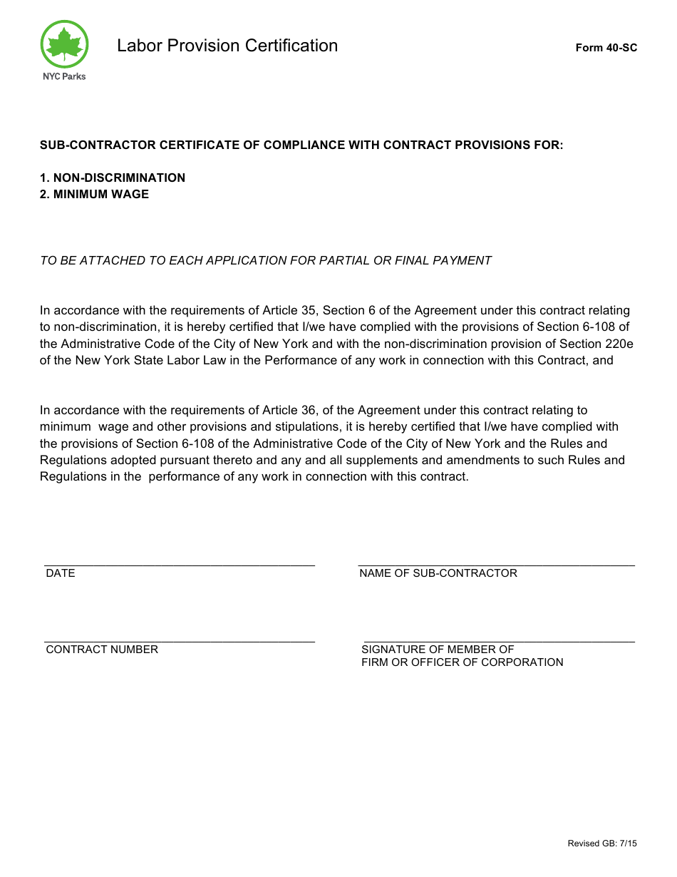 Form 40-SC Labor Provision Certification - New York City, Page 1