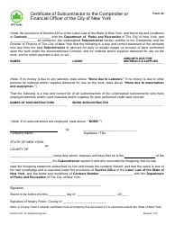 Form 43 Certificate of Subcontractor to the Comptroller or Financial Officer of the City of New York - New York City