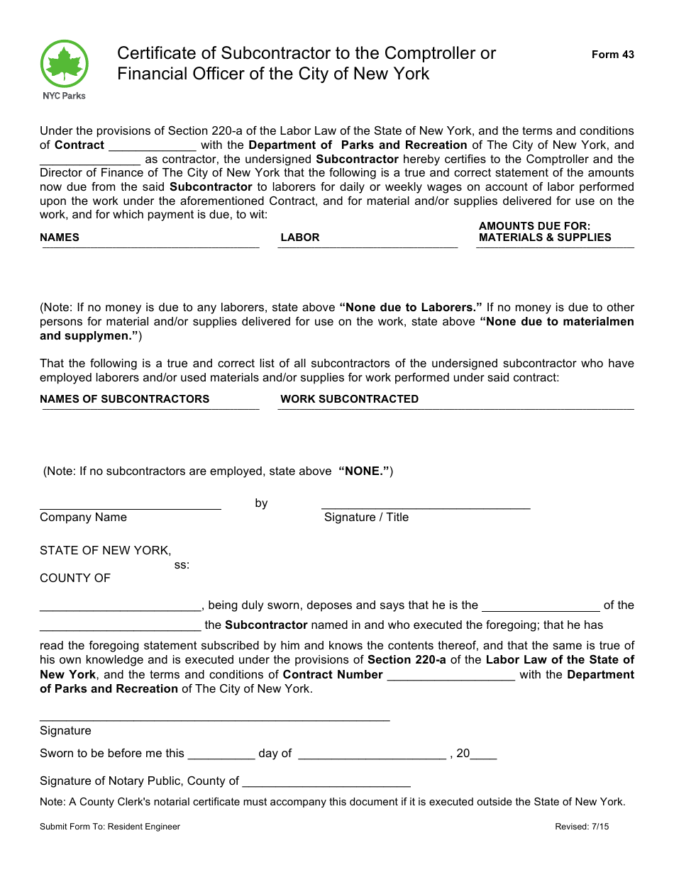 Form 43 Certificate of Subcontractor to the Comptroller or Financial Officer of the City of New York - New York City, Page 1